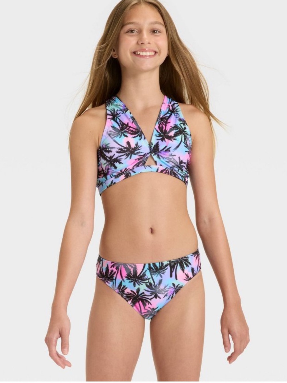 Art Class Girls' Tropical Palm Tree Print Bikini - Pink/Blue. M/L NWT!